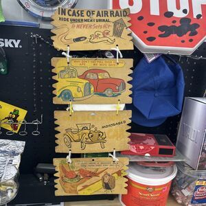 Vintage 1950s Automotive Gag Humor Cardboard Hanging Sign Set 4pc Man Cave Decor